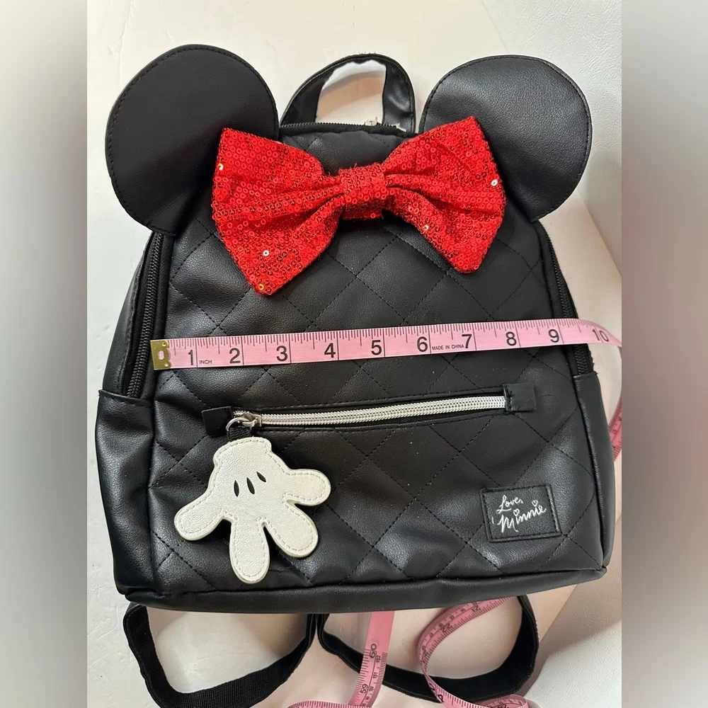 Disney Minnie Mouse Black Quilted Backpack  W/ Ear Accents & Red Sequined Bow